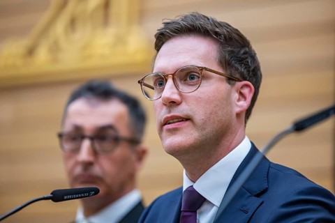 State election 2026 in Baden-Württemberg. Election evening in the state parliament. The leading
