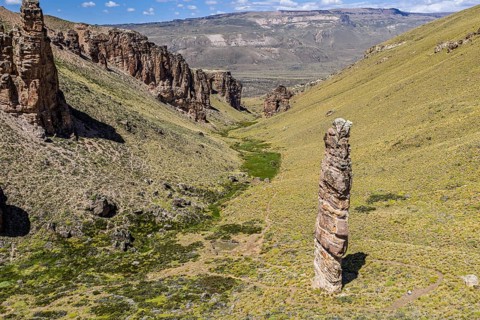 Rock formation Piedra Clavada, stand-alone rock tower, aerial view, Jeinimeni National Park,