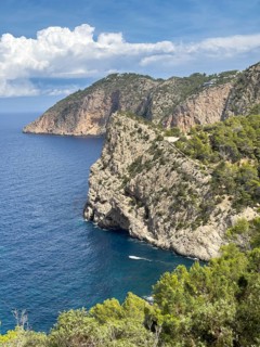 View of the coast from the hiking trail to Cala de Es Portixol, Ibiza, Balearic Islands, Spain