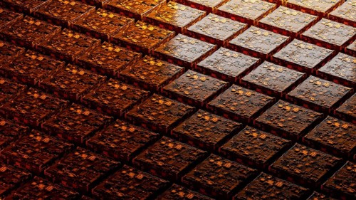 This background showcases a complex arrangement of abstract circuitry, with warm orange hues and