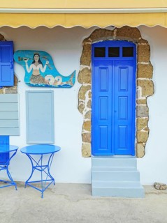 Greek taverna facade, Mandraki, Nisyros Island, Dodecanese Islands, Greece