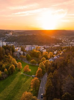 Atmospheric landscape at sunset with avenue and town houses, Nagold, district of Calw, Germany