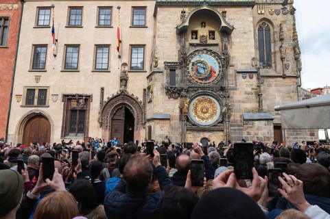 PRAGUE, CZECHIA - MARCH 25, 2023: astronomical clock on the wall of Old Town Hall.