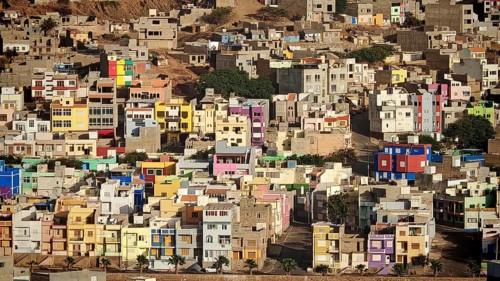 View of Mindelo from above, colorful narrow houses showing liveliness and diversity in a mountain