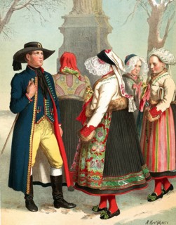 Traditional costumes in Germany around 1820, Bohemia, Pilsen district, people in traditional