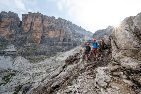 Two mountaineers in rocky mountain landscape, Via Ferrata SOSAT via Ferrata, Sun Star, Brenta