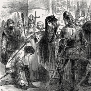 King Edward III knighting Edward of Woodstock, The Black Prince in 1346, From British Battles on