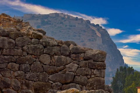 Sky changed, Argos Castle, Larissa Castle, View from Tiryns of an old stone castle in the mountains