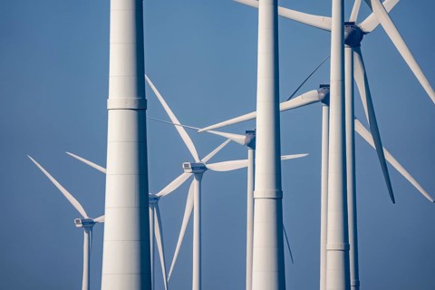 Wind farm in the north of the Netherlands, near Eemshaven, energy center, in addition to wind