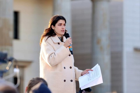 Marie Nasemann speaks at the demonstration Against Sexualized Digital Violence - Solidarity with
