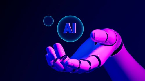 A robotic hand grips a glowing bubble with AI against a dark backdrop, symbolizing progress in