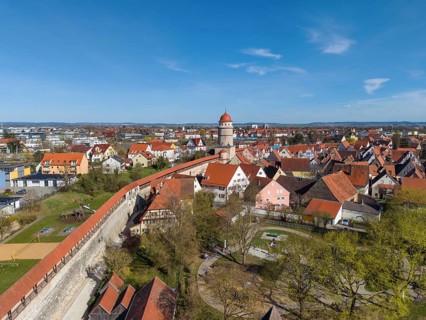 Aerial view of the historic old town of Nördlingen with the completely comprehensive and accessible