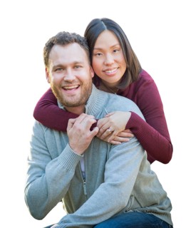 Mixed-race chinese and caucasian couple portrait isolated on a white background