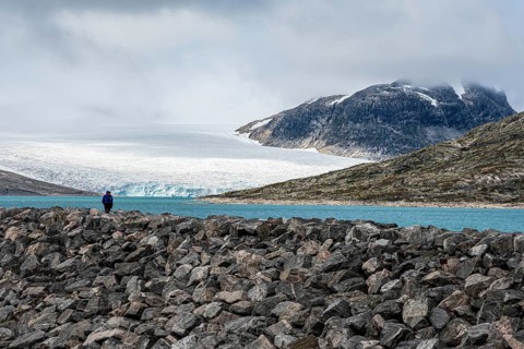 Dam at lake Styggevatnet, Styggevatn, Jostedal glacier, Norway