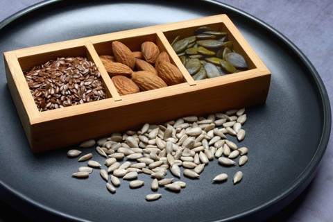 Kernels, mix of almond kernels, sunflower seeds, linseeds and pumpkin seeds