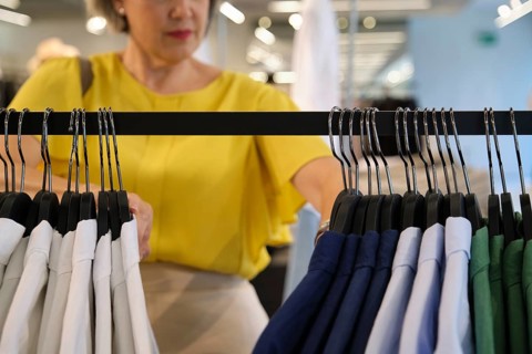 Mature woman browsing colorful shirts on hangers in a clothing store, focusing on the variety of