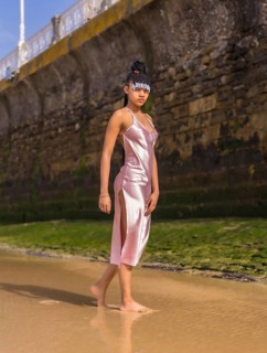 Dominican ethnic girl with braids with a beautiful pink dress. Fashion enjoying the summer walking