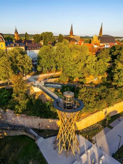 Aerial view, drone photo: elevator opened in 2025 from the banks of the Main to Johannisburg Castle