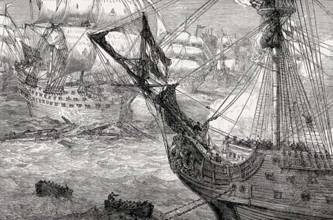 HMS Torbay at the Battle of Vigo Bay, 23 October 1702, From British Battles on Land and Sea, by