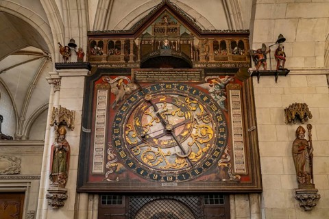 Astronomical clock in the interior of St. Paul's Cathedral in Münster, North Rhine-Westphalia,