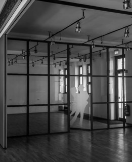 Black and white photograph, hall in a former dance school, Berlin, Germany