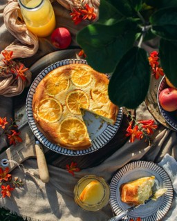 A delicious orange cake topped with fresh orange slices is elegantly displayed with fresh orange