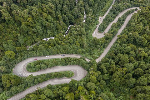 Road Carretera Austral south of Puyuhuapi, cold rain forest, aerial view, Aysen, Patagonia, Chile