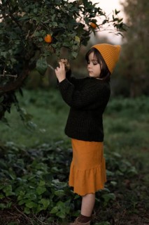 A young girl in an autumn garden picks an orange from a tree. She wearing a brown sweater and an