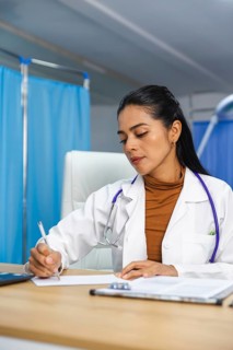 A focused woman doctor in a white coat and stethoscope diligently writes notes at her desk in a