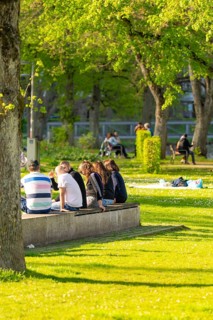 People sitting and relaxing in a sunny park under shady trees, Nagold, Black Forest, Germany