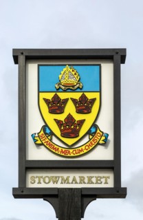 Close up of town sign, Stowmarket, Suffolk, England, UK