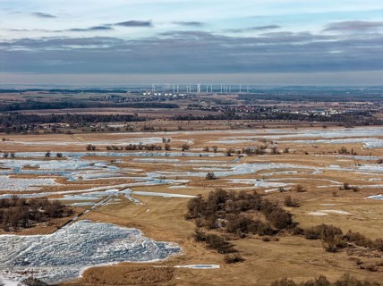 Ice and snow-covered foothills of the Oder in the Lower Oder Valley National Park. aerial view.