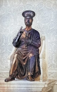 Statue of St. Peter the Apostle in St. Peter's Church in Rome, coloured wood engraving,