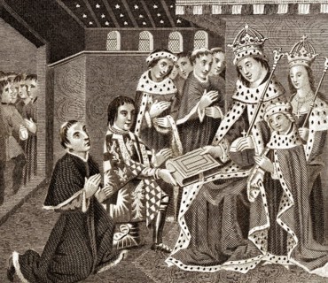 Anthony Woodville and William Caxton presenting the first printed book in English to Edward IV,