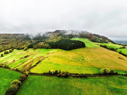 Autumn colours over Wales Farms and Fields from a drone, Grosmont, Abergavenny, Monmouthshire,