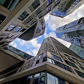 Frog's-eye view of the skyscrapers in the banking district, Four Frankfurt, Frankfurt am Main,