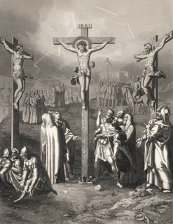Crucifixion of Jesus, Mount Calvary, Jerusalem, New Testament, steel engraving 1853, digitally
