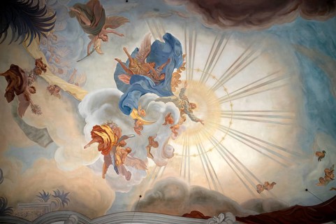 Interior photo, ceiling painting of the nave depicting Mary in the sky, nave, Cathedral of Our