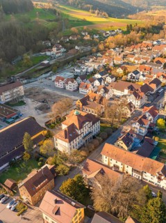 Aerial view of an urban area with various buildings and nature, Nagold, Black Forest, Germany