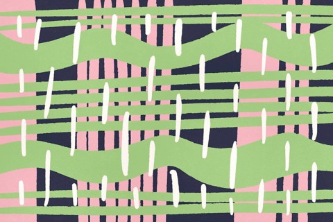 A vibrant abstract illustration featuring playful waves and lines in blue, green, and pink tones.