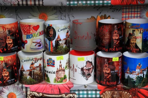 Souvenir sale at Bran Castle, marketing of Dracula, printed here on cups, Törzburg, in