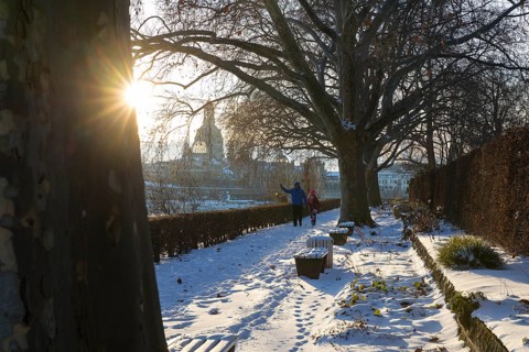 Sunny winter weather and drift ice on the Elbe attract many walkers to the Neustädter Elbe bank,