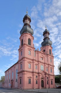 Rococo St Peter's Church with twin towers built in 1756, Old Town, Mainz, Rhine-Hesse region,