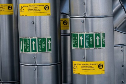 Pipelines of a large air conditioning system in an office building, cooling water return