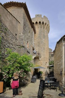 Narrow alley and tower of the château, castle, castle with historic town fortifications, mountain
