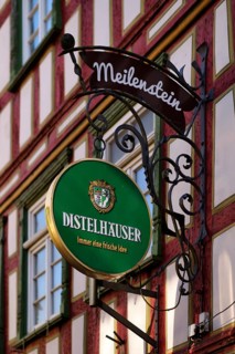 Nasenschild Restaurant Meilenstein, Distelhäuser Bier, half-timbered house, Old Town, Bad Wimpfen,