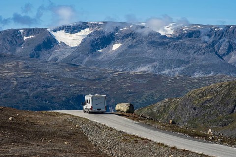 Camper van on mountain road Aurland - Lærdal, gamle Aurlandsvegen, National Tourist Route