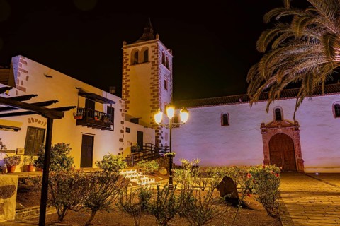 Illuminated view of Santa Maria de Betancuria church in Fuerteventura, Canary Islands, Spain