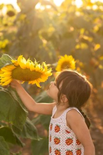 A young girl in a white dress with strawberry patterns admires a large sunflower in a sunny field.