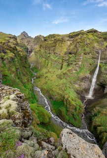 Mountain landscape with canyon, Hangandifoss waterfall in Múlagljúfur Canyon, Sudurland, Iceland